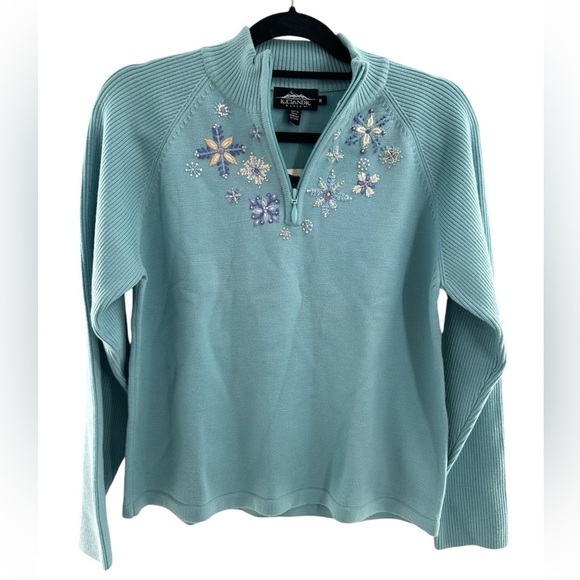 NEW Icelandic Design 100% Wool Blue Quarter Zip Pullover Embroidered Sweater - Picture 1 of 6